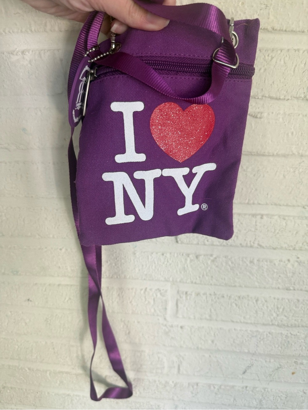 I Love NY Purple Crossbody Bag with Red Heart Graphic